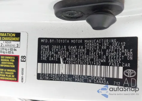 2012 Toyota Corolla L из США, поврежденный, VIN 2T1BU4EE9CC917490